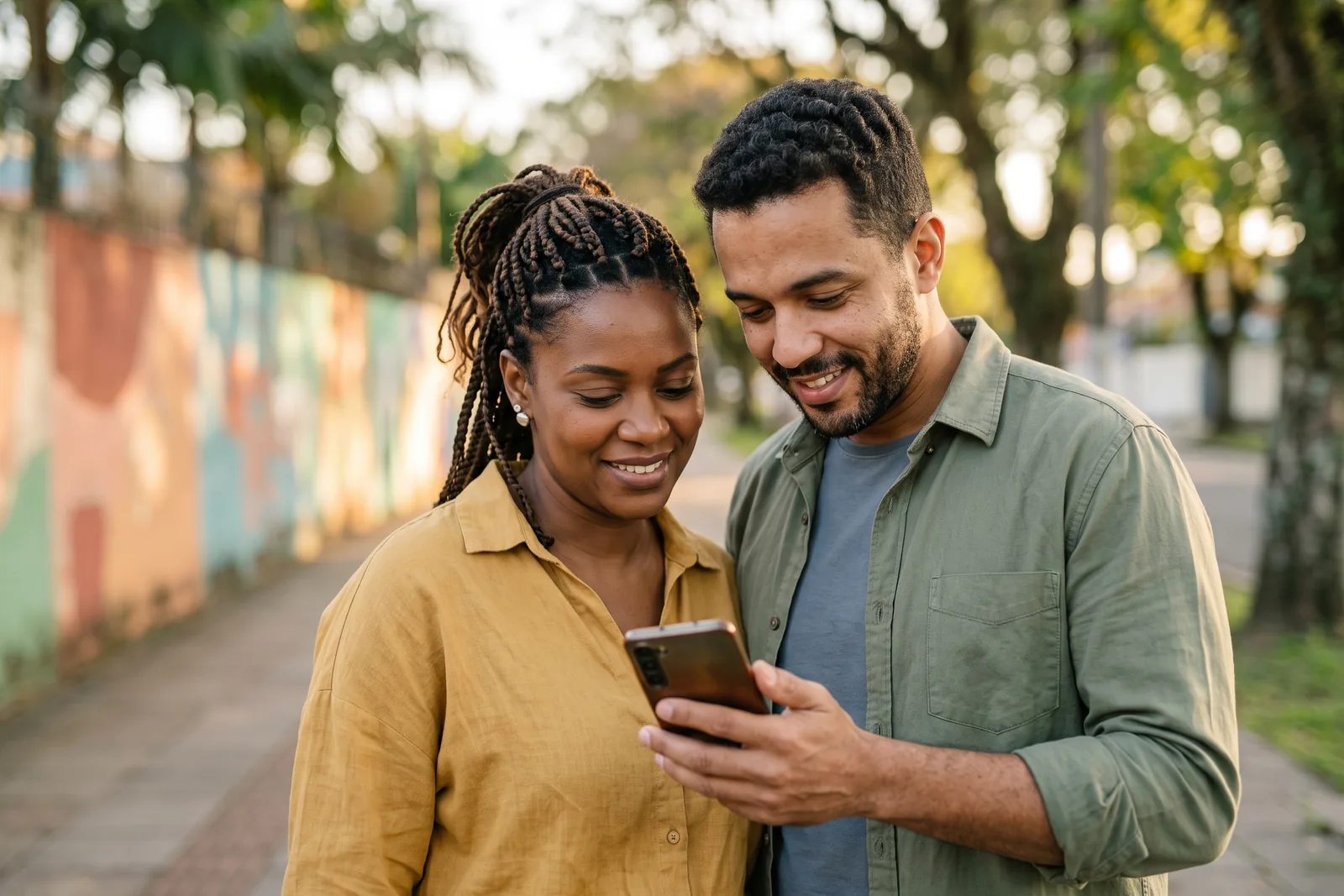 Mãe e pai no portão da escola, na hora da saída, olhando juntos um celular